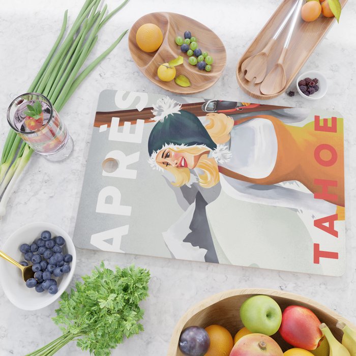 "Apres Tahoe" Cute Retro Pinup Girl Ski Art Cutting Board Gallery Image 2