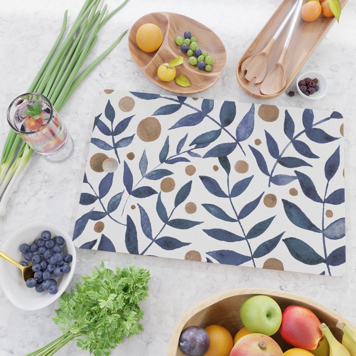 Watercolor berries and branches - indigo and beige Cutting Board Gallery Image 2