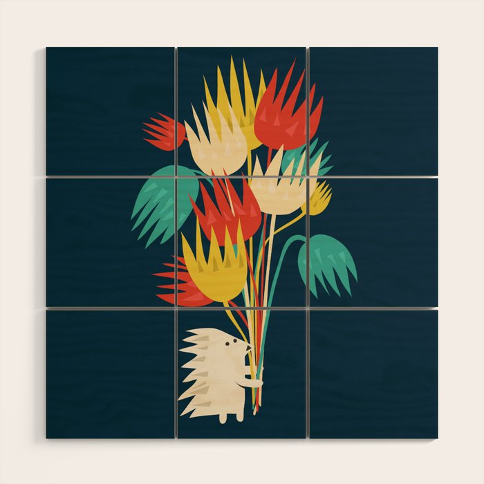Hedgehog with flowers Wood Wall Art Gallery Image 1