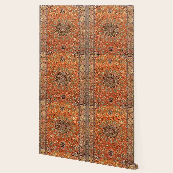 Central Persia Qum Old Century Authentic Colorful Orange Yellow Green Vintage Patterns Wallpaper Gallery Image 2