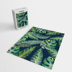 Jungle Leaves, Banana, Monstera, Blue Jigsaw Puzzle Gallery Image 2