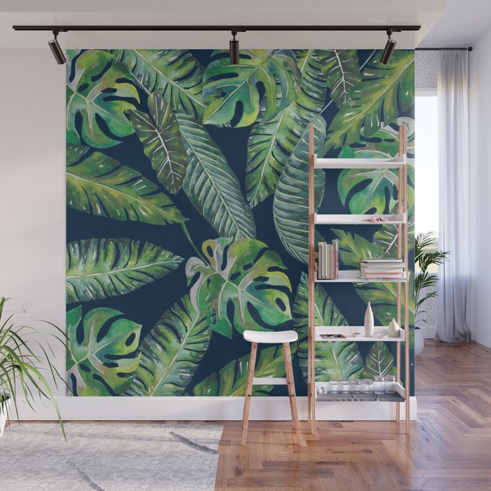 Jungle Leaves, Banana, Monstera, Blue Wall Mural Gallery Image 1