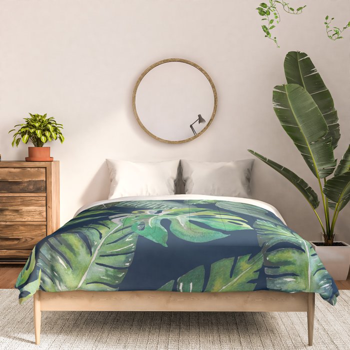 Jungle Leaves, Banana, Monstera, Blue Comforter Gallery Image 3