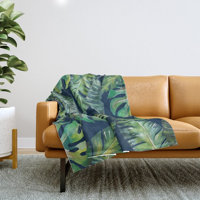 Jungle Leaves, Banana, Monstera, Blue Throw Blanket Gallery Image 1