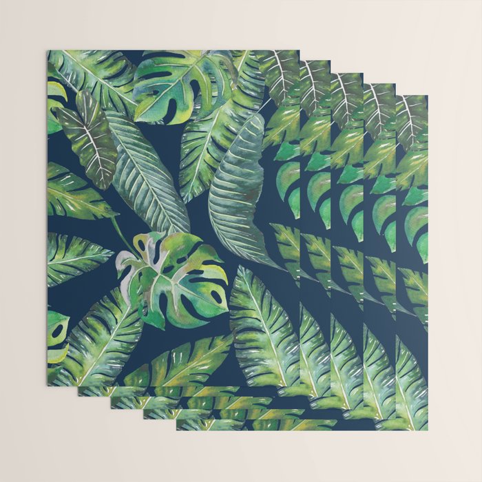 Jungle Leaves, Banana, Monstera, Blue Wrapping Paper Gallery Image 3