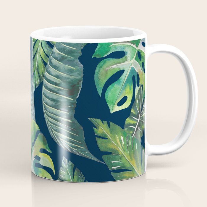 Jungle Leaves, Banana, Monstera, Blue Coffee Mug Gallery Image 1