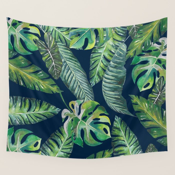 Jungle Leaves, Banana, Monstera, Blue Wall Tapestry Gallery Image 4