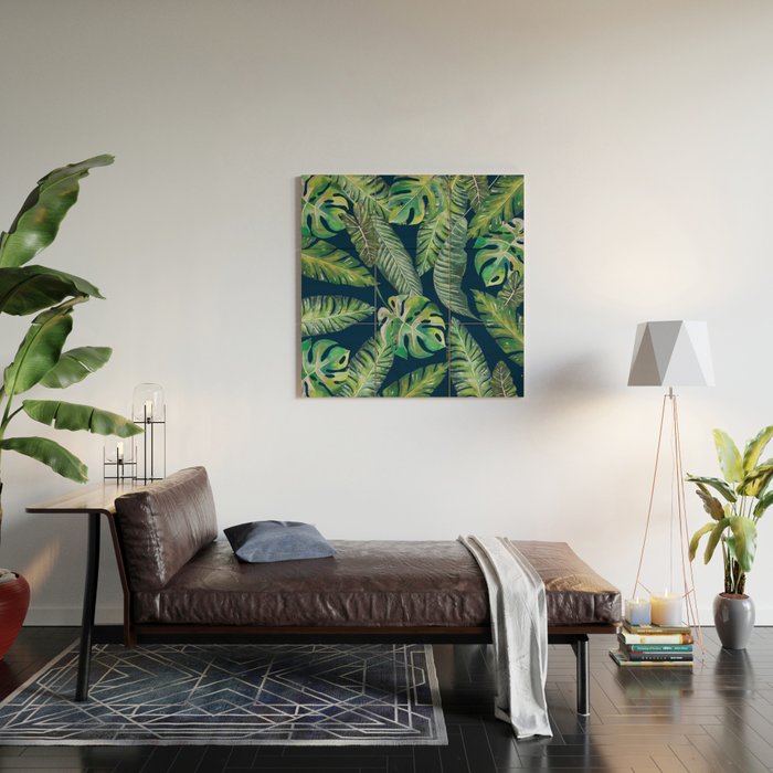 Jungle Leaves, Banana, Monstera, Blue Wood Wall Art Gallery Image 2