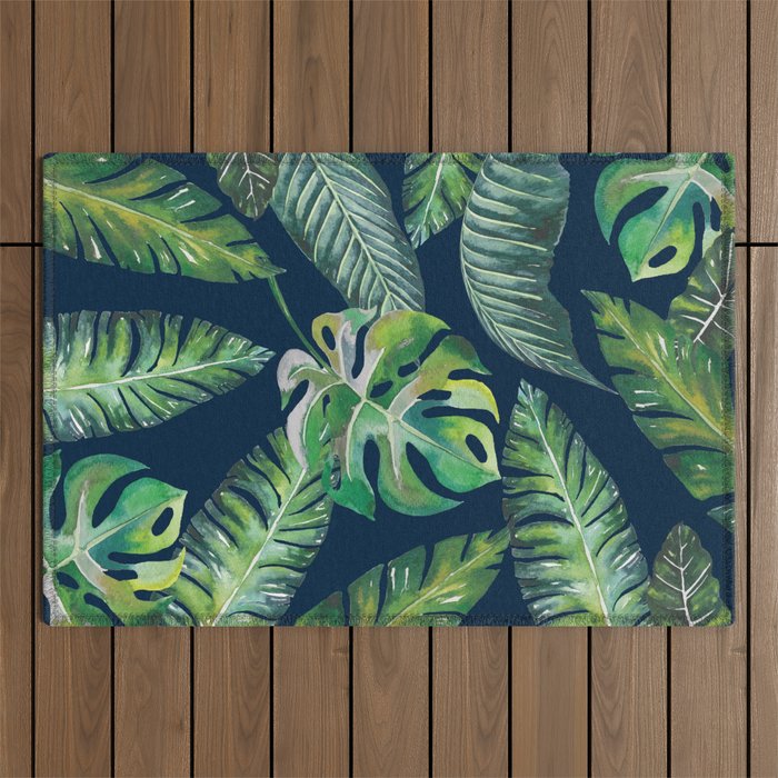 Jungle Leaves, Banana, Monstera, Blue Outdoor Rug Gallery Image 1