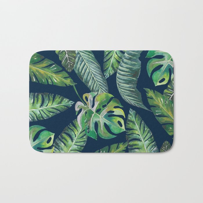 Jungle Leaves, Banana, Monstera, Blue Bath Mat Gallery Image 1