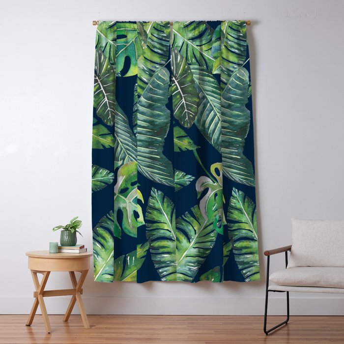 Jungle Leaves, Banana, Monstera, Blue Window Curtain Gallery Image 5