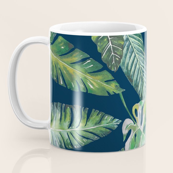 Jungle Leaves, Banana, Monstera, Blue Coffee Mug Gallery Image 3