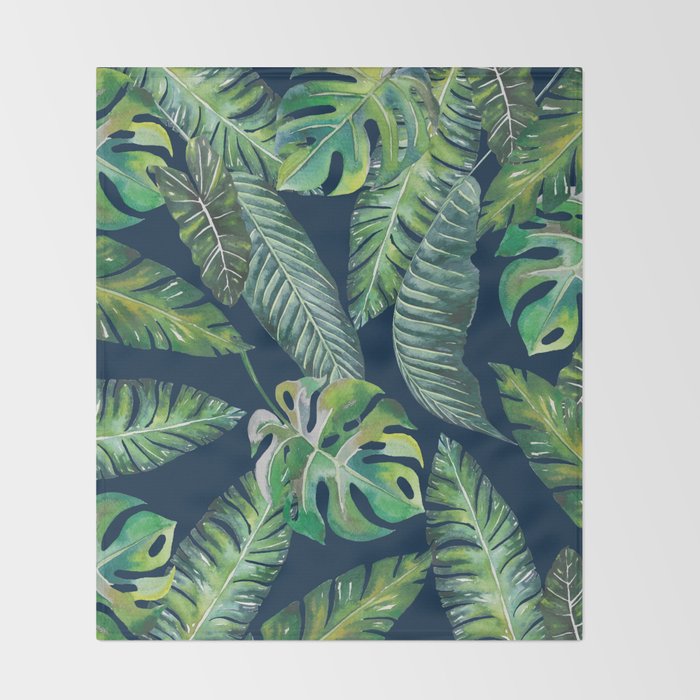 Jungle Leaves, Banana, Monstera, Blue Throw Blanket Gallery Image 2