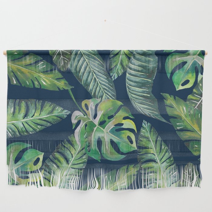 Jungle Leaves, Banana, Monstera, Blue Wall Hanging Gallery Image 1
