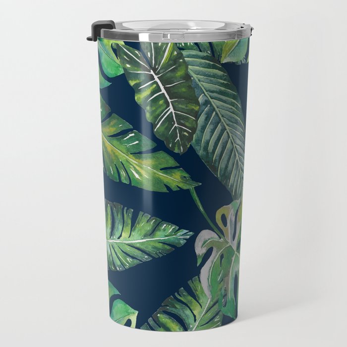 Jungle Leaves, Banana, Monstera, Blue Travel Mug Gallery Image 3