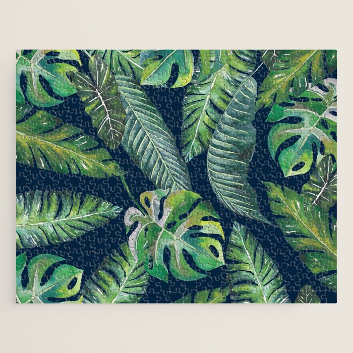 Jungle Leaves, Banana, Monstera, Blue Jigsaw Puzzle Gallery Image 1