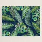 Jungle Leaves, Banana, Monstera, Blue Jigsaw Puzzle Gallery Image 1