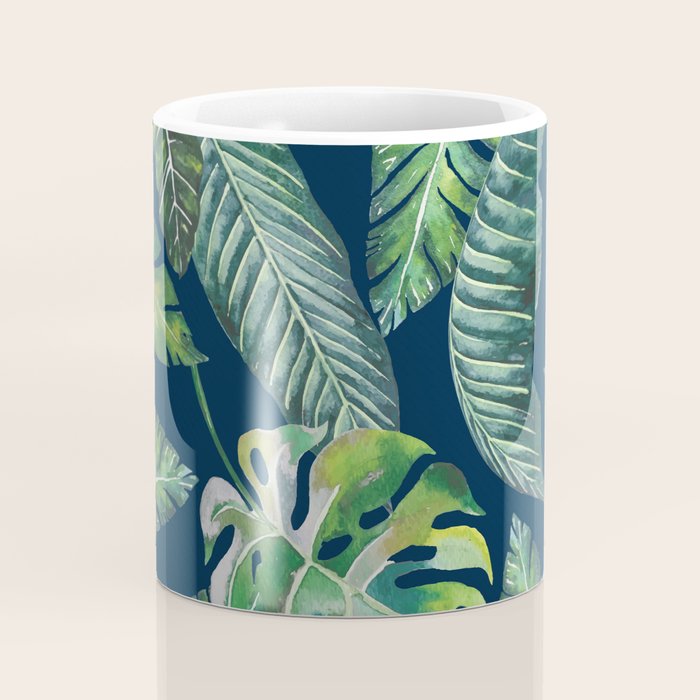 Jungle Leaves, Banana, Monstera, Blue Coffee Mug Gallery Image 4