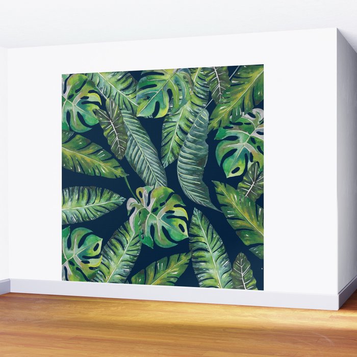 Jungle Leaves, Banana, Monstera, Blue Wall Mural Gallery Image 2