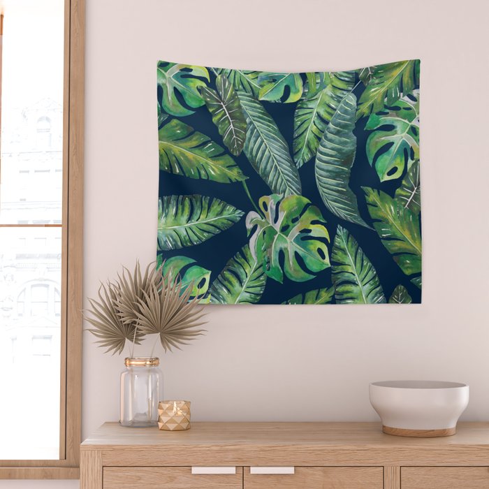 Jungle Leaves, Banana, Monstera, Blue Wall Tapestry Gallery Image 2