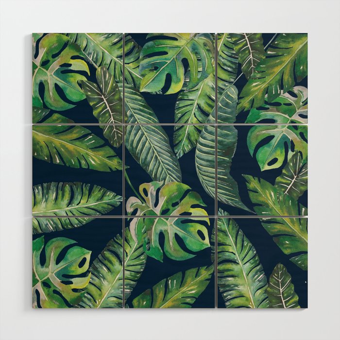 Jungle Leaves, Banana, Monstera, Blue Wood Wall Art Gallery Image 1