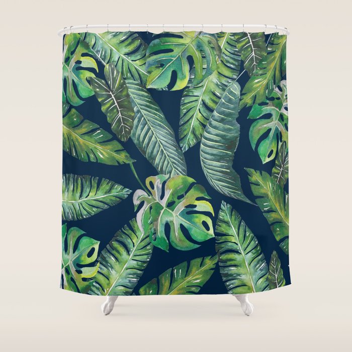 Jungle Leaves, Banana, Monstera, Blue Shower Curtain Gallery Image 1