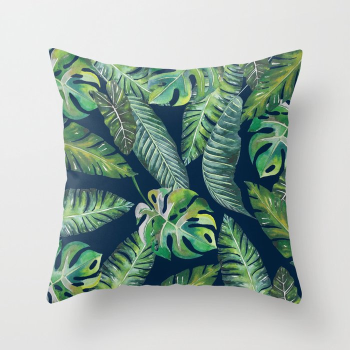 Jungle Leaves, Banana, Monstera, Blue Throw Pillow Gallery Image 6