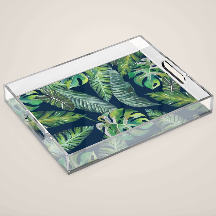 Jungle Leaves, Banana, Monstera, Blue Acrylic Tray Gallery Image 1