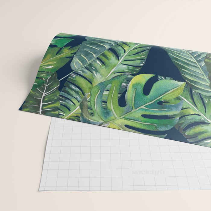 Jungle Leaves, Banana, Monstera, Blue Wrapping Paper Gallery Image 2