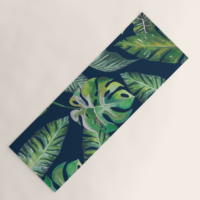 Jungle Leaves, Banana, Monstera, Blue Yoga Mat Gallery Image 1