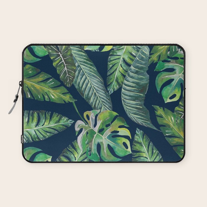 Jungle Leaves, Banana, Monstera, Blue Laptop Sleeve Gallery Image 1