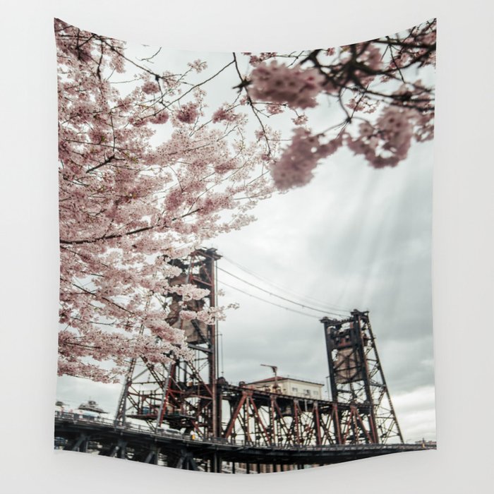 Cherry Blossoms Steel Bridge Portland Wall Tapestry Gallery Image 4