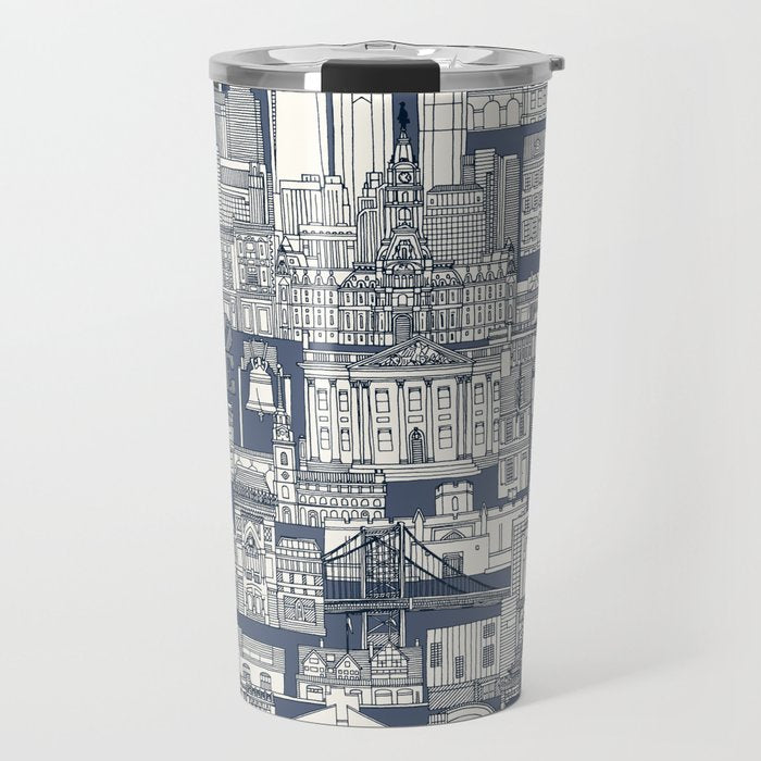 Philadelphia toile blue indigo Travel Mug Gallery Image 1