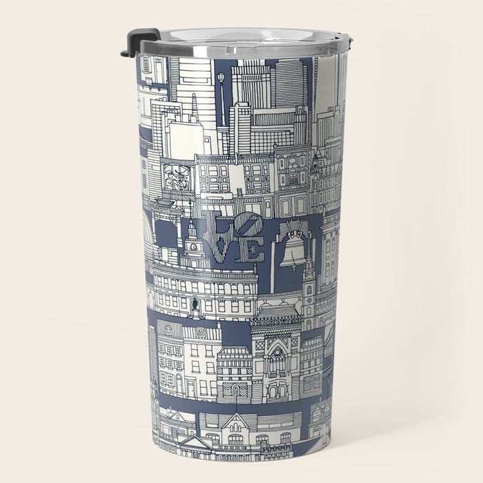 Philadelphia toile blue indigo Travel Mug Gallery Image 3