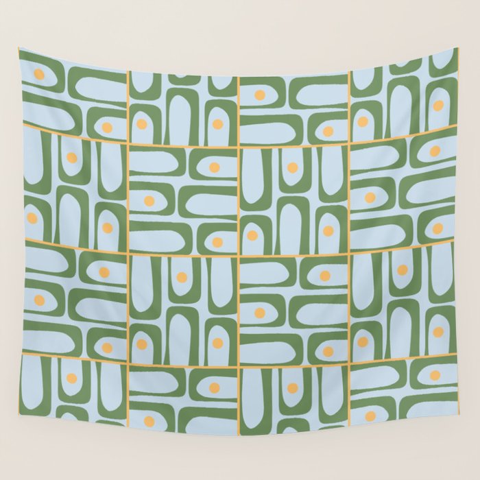 Mid Century Modern Piquet Abstract Multi Pattern Green Light Blue Yellow-Orange Wall Tapestry Gallery Image 4