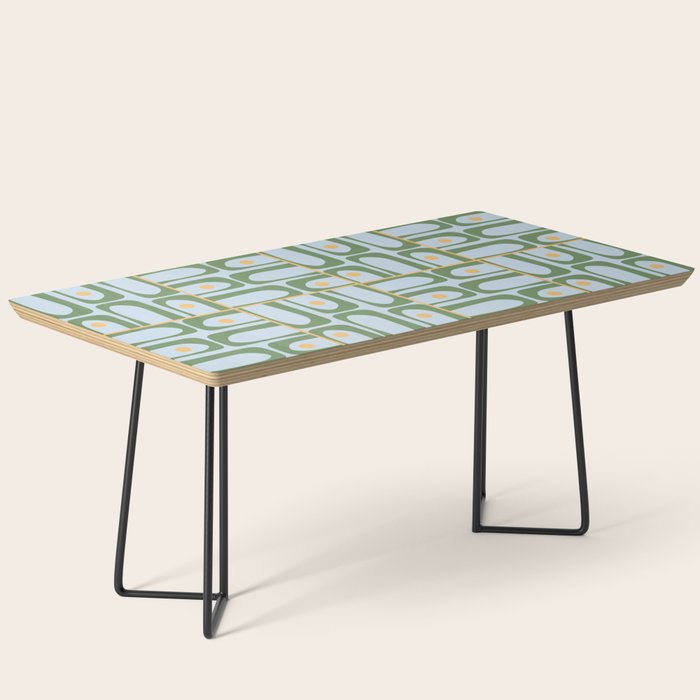 Mid Century Modern Piquet Abstract Multi Pattern Green Light Blue Yellow-Orange Coffee Table Gallery Image 1