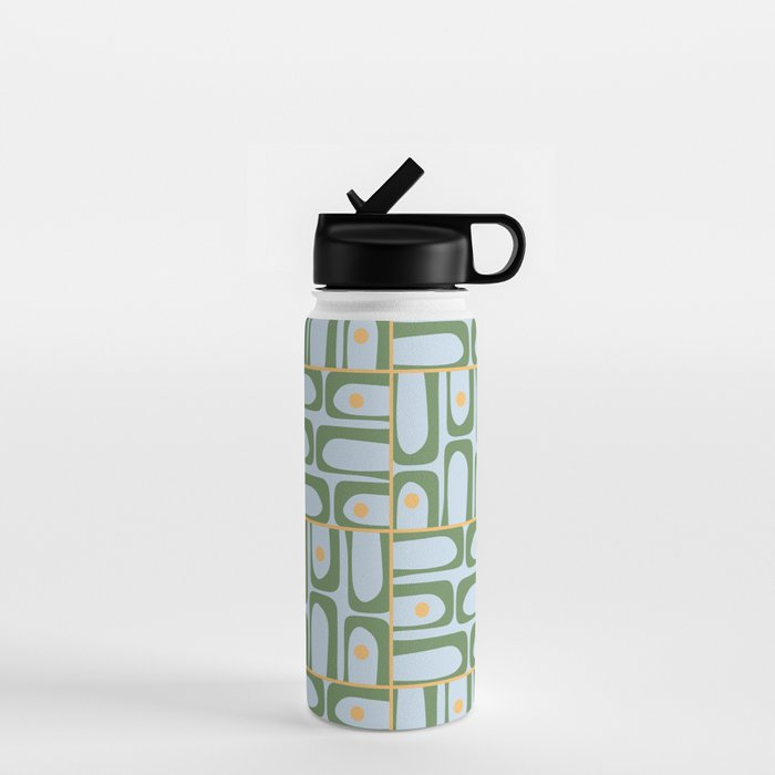 Mid Century Modern Piquet Abstract Multi Pattern Green Light Blue Yellow-Orange Water Bottle Gallery Image 1