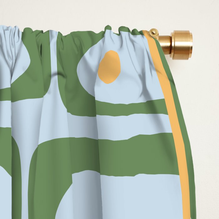 Mid Century Modern Piquet Abstract Multi Pattern Green Light Blue Yellow-Orange Window Curtain Gallery Image 2