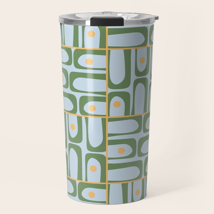 Mid Century Modern Piquet Abstract Multi Pattern Green Light Blue Yellow-Orange Travel Mug Gallery Image 1