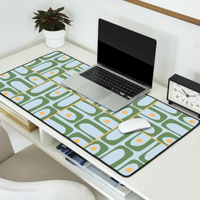 Mid Century Modern Piquet Abstract Multi Pattern Green Light Blue Yellow-Orange Desk Mat Gallery Image 2