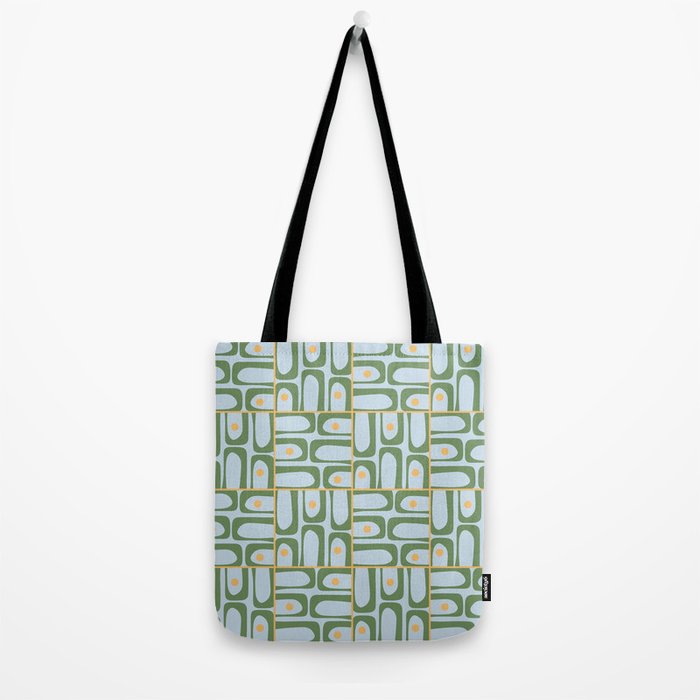 Mid Century Modern Piquet Abstract Multi Pattern Green Light Blue Yellow-Orange Tote Bag Gallery Image 2