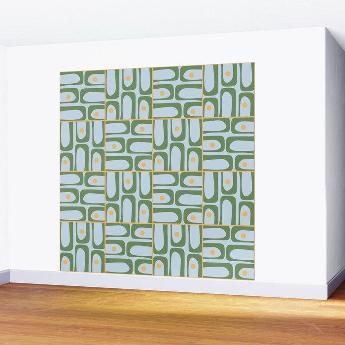 Mid Century Modern Piquet Abstract Multi Pattern Green Light Blue Yellow-Orange Wall Mural Gallery Image 2