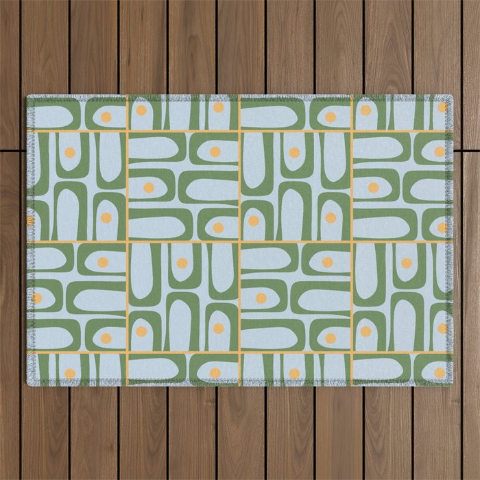 Mid Century Modern Piquet Abstract Multi Pattern Green Light Blue Yellow-Orange Outdoor Rug Gallery Image 1