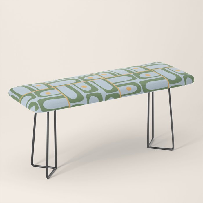 Mid Century Modern Piquet Abstract Multi Pattern Green Light Blue Yellow-Orange Bench Gallery Image 1