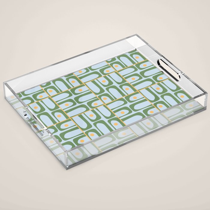 Mid Century Modern Piquet Abstract Multi Pattern Green Light Blue Yellow-Orange Acrylic Tray Gallery Image 1