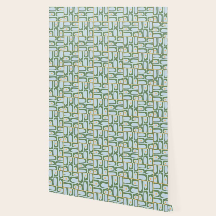 Mid Century Modern Piquet Abstract Multi Pattern Green Light Blue Yellow-Orange Wallpaper Gallery Image 2