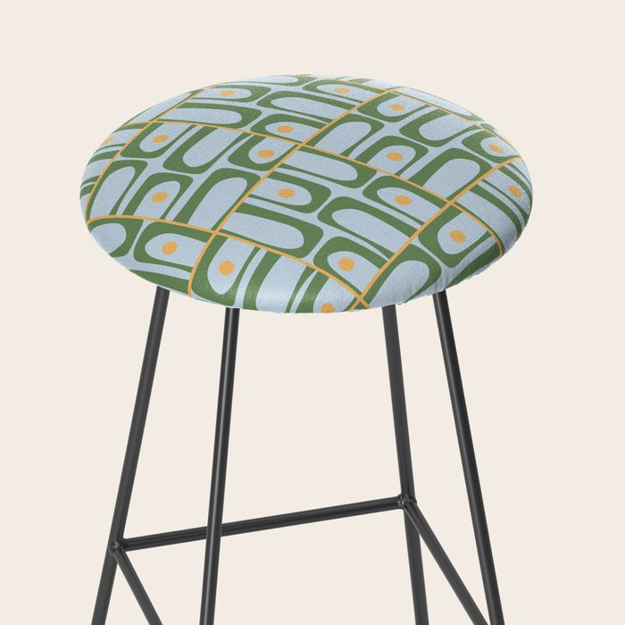 Mid Century Modern Piquet Abstract Multi Pattern Green Light Blue Yellow-Orange Stool Gallery Image 2