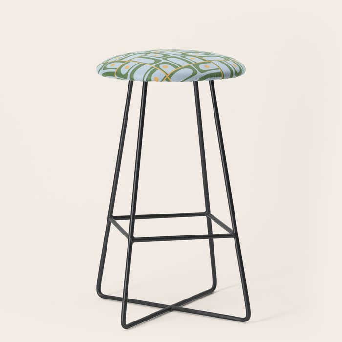 Mid Century Modern Piquet Abstract Multi Pattern Green Light Blue Yellow-Orange Stool Gallery Image 1