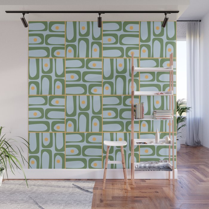 Mid Century Modern Piquet Abstract Multi Pattern Green Light Blue Yellow-Orange Wall Mural Gallery Image 1