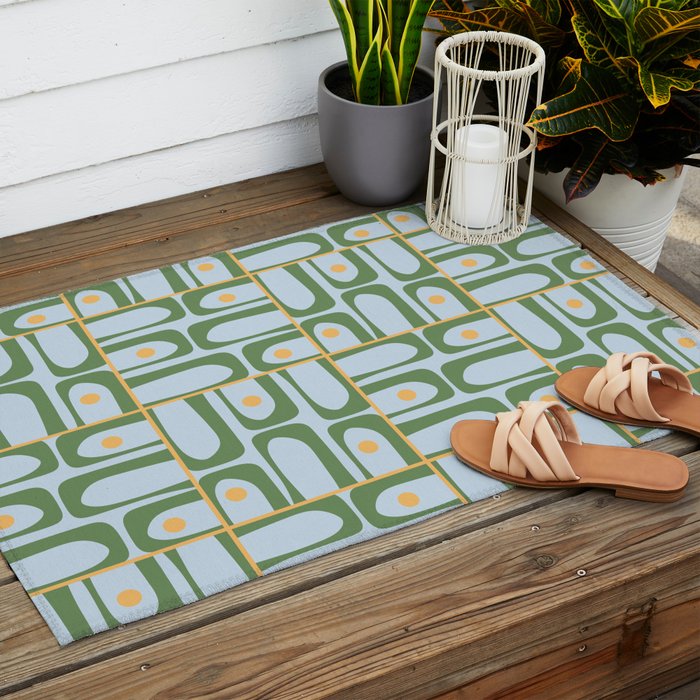 Mid Century Modern Piquet Abstract Multi Pattern Green Light Blue Yellow-Orange Outdoor Rug Gallery Image 2